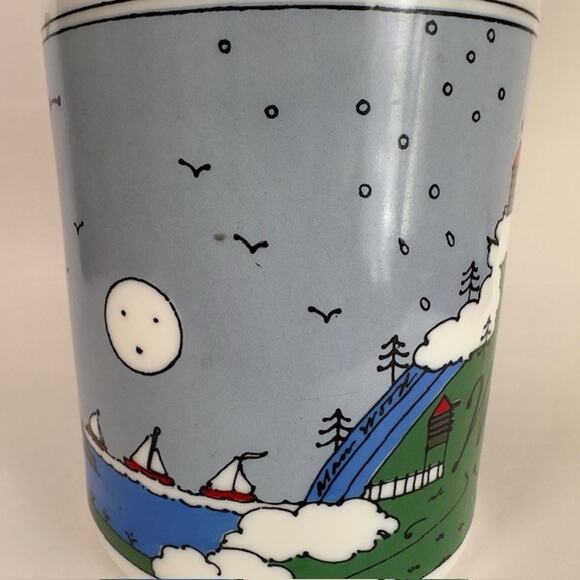 Lillian Vernon Milk Glass Water Jug 1980s Painted Lake Mountains Sailboats VTG - Picture 6 of 16